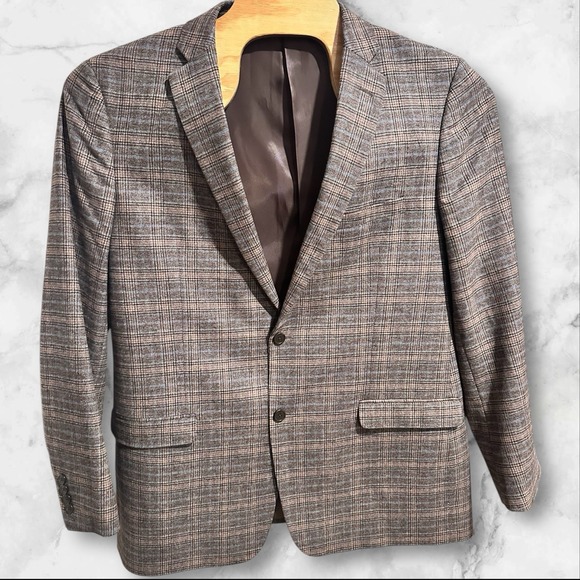 ADOLFO Mens Blazer Sport Coat Casual Two Button Jacket Size‎ 46L Wool Suit Plaid